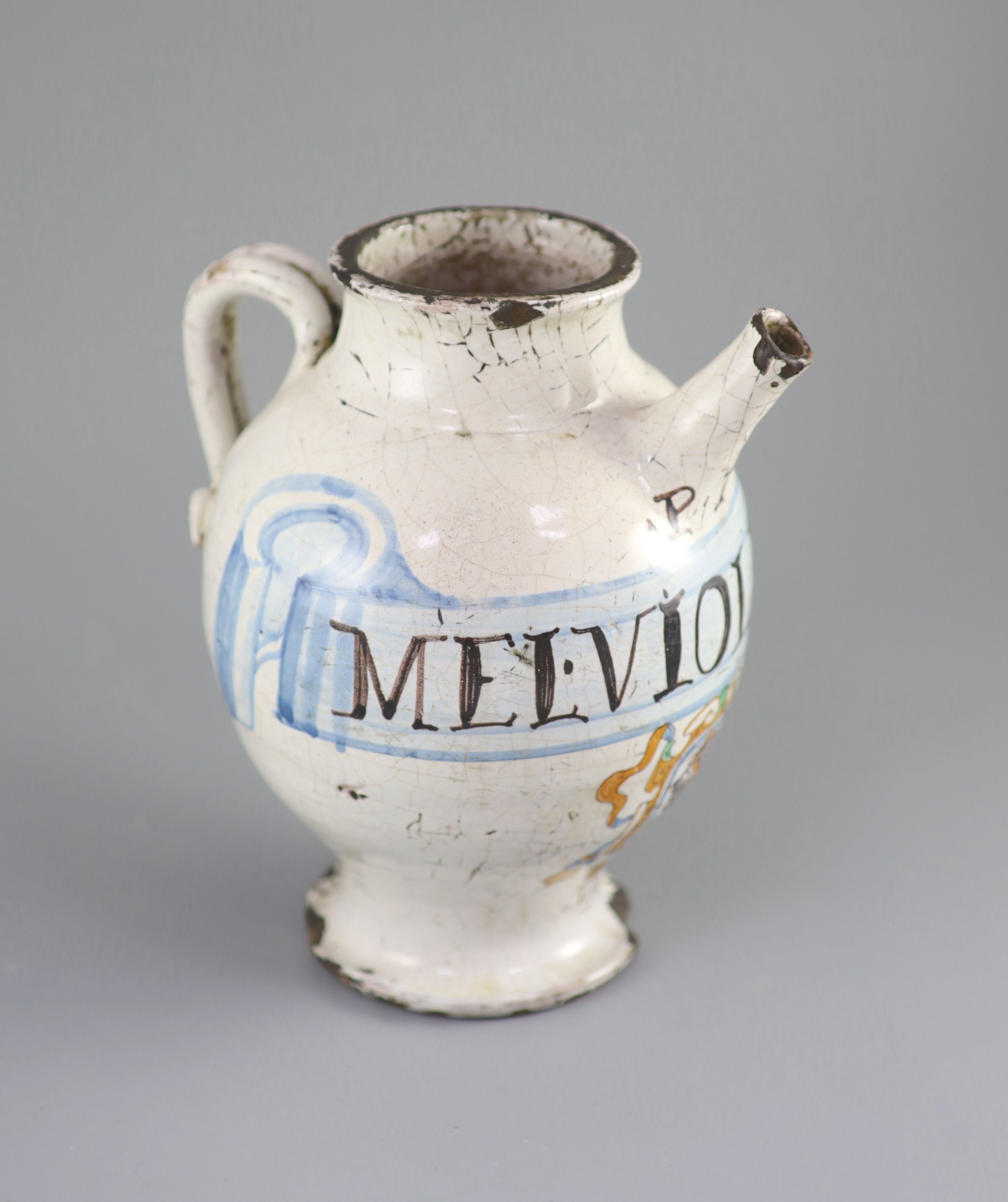 An Italian maiolica wet drug jar, Savona, late 17th century, 22.5cm high, faults